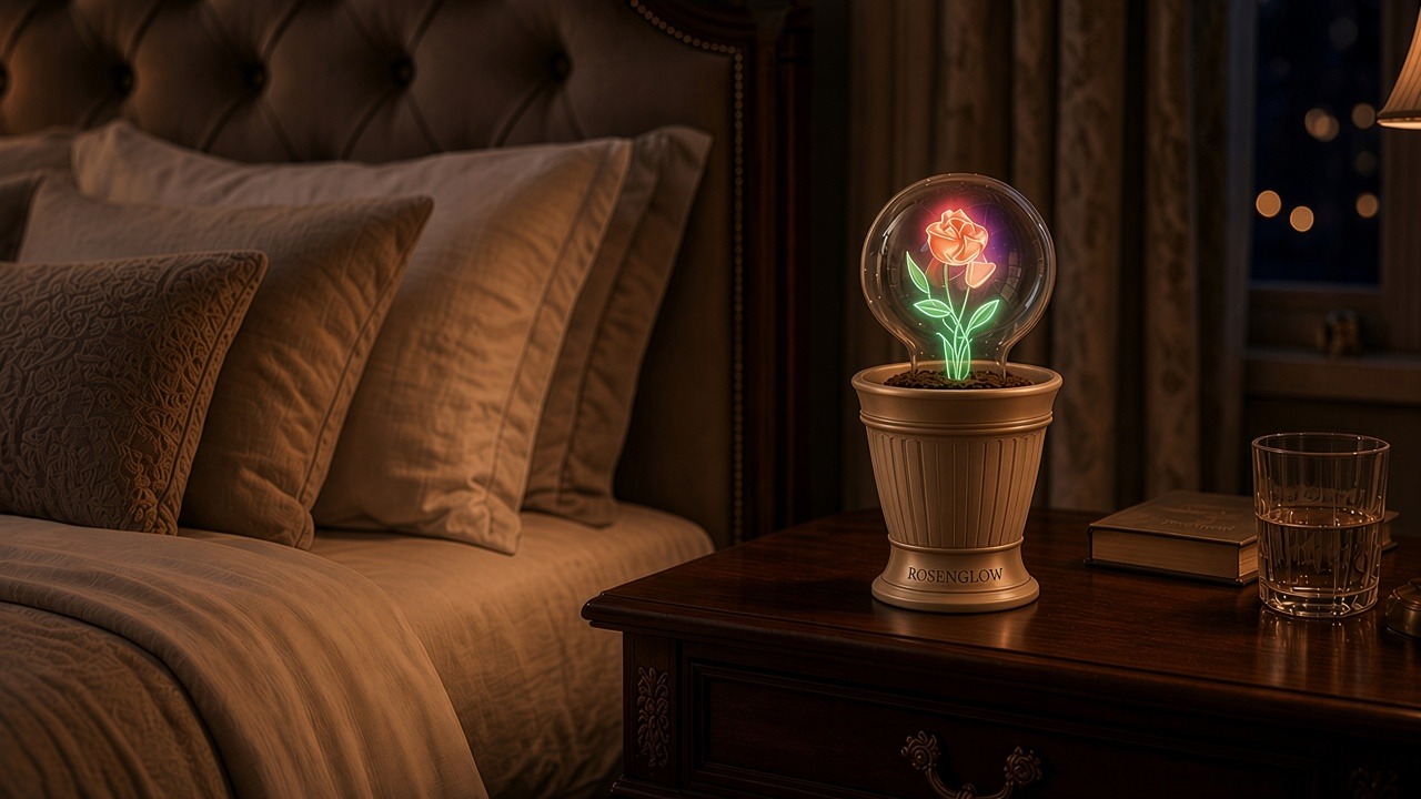 Rosenglow lamp glowing on a bedside nightstand