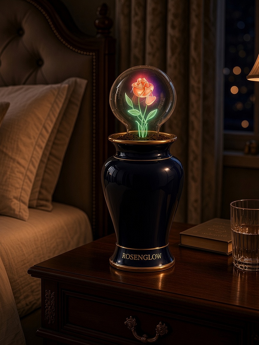 Rosenglow lamp glowing on a bedside nightstand