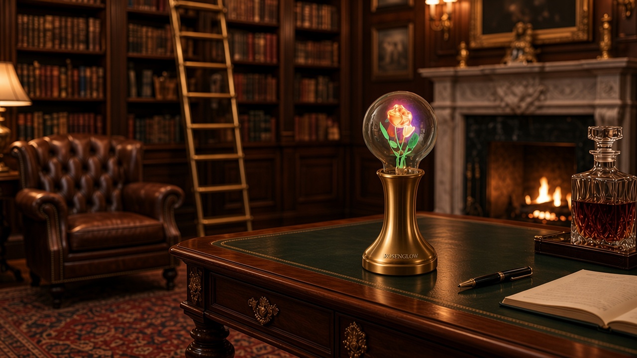 Rosenglow lamp glowing in a study